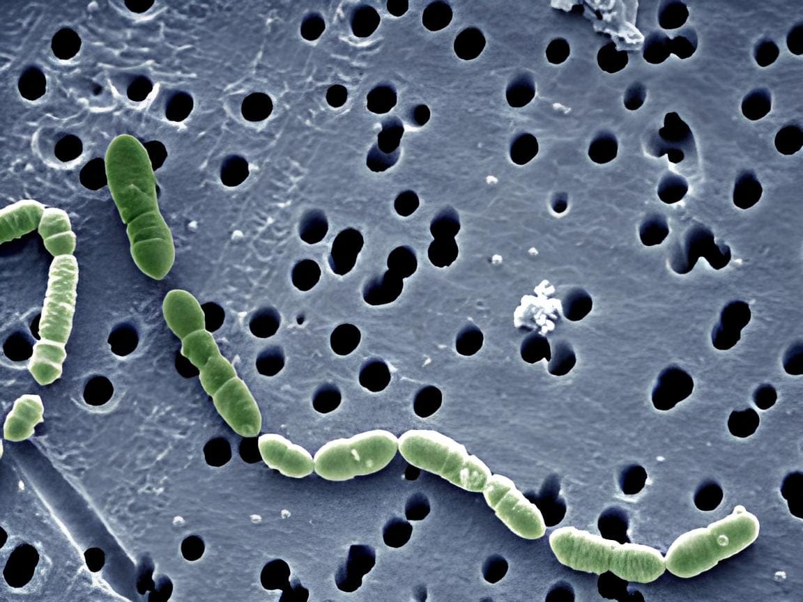 Micrographie d'Oenococcus oeni : petites coques en chaînettes, la bactérie de la fermentation malolactique