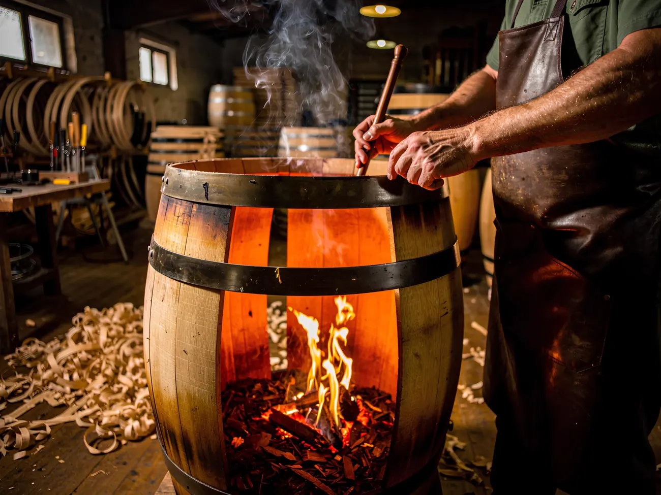 Tonnelier réalisant la chauffe (bousinage) d'une barrique au feu de bois